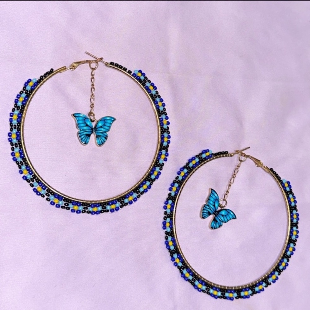Hand beaded Butterfly Hoop Earrings